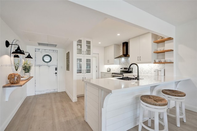 3150 N Course Ln Unit 405, Pompano Beach, FL 33069 - kitchen with wall chimney exhaust hood, a sink, light wood-style flooring, stainless steel electric range oven, and light countertops