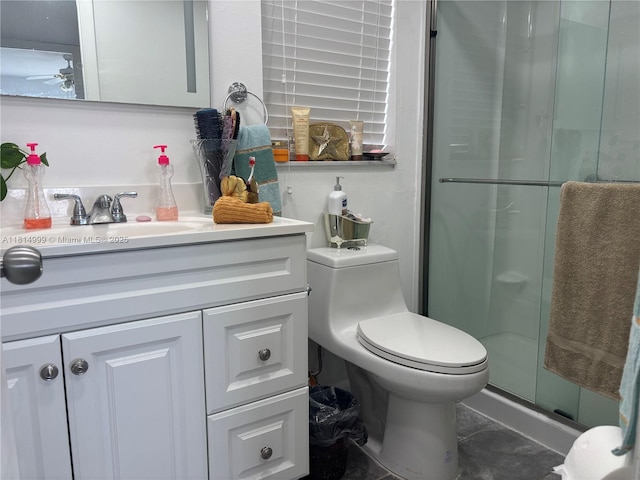 9041 Sunrise Lakes Blvd Unit 311, Sunrise, FL 33322 - full bathroom with vanity, a shower stall, toilet, and a ceiling fan