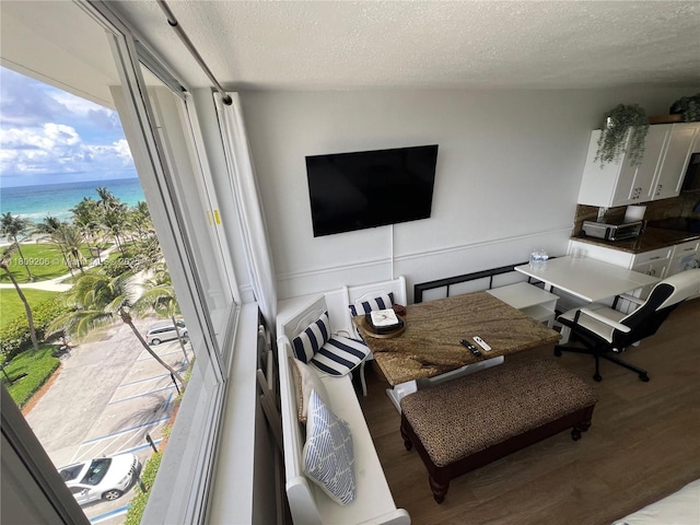 19201 Collins Ave Unit 427, Sunny Isles Beach, FL 33160 - living area with wood finished floors, a textured ceiling, and a water view