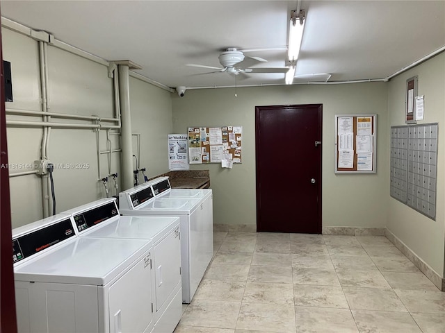 800 SW 131st Ave Unit 109F, Pembroke Pines, FL 33027 - community laundry room featuring washing machine and dryer, mail area, a ceiling fan, and baseboards