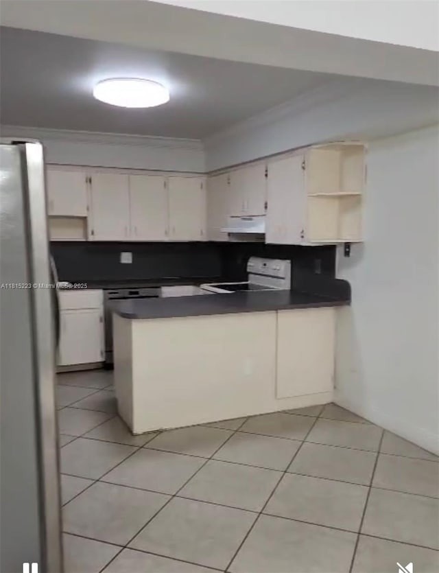 1750 W 56th St Unit 108, Hialeah, FL 33012 - kitchen featuring appliances with stainless steel finishes, dark countertops, light tile patterned flooring, a peninsula, and under cabinet range hood