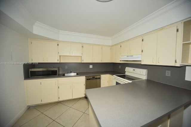1750 W 56th St Unit 108, Hialeah, FL 33012 - kitchen with appliances with stainless steel finishes, under cabinet range hood, crown molding, light tile patterned flooring, and a sink