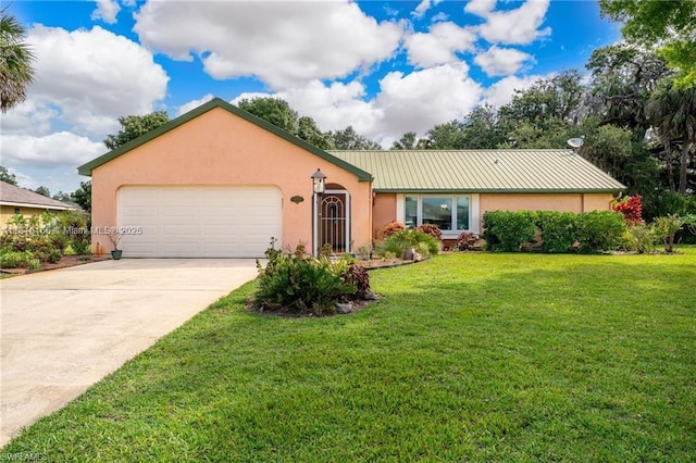 4559 Springview Cir, La Belle, FL 33935 - ranch-style house featuring a garage, stucco siding, driveway, a front lawn, and metal roof