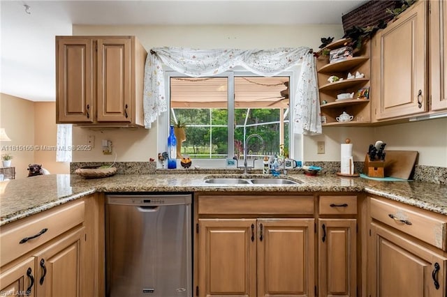 4559 Springview Cir, La Belle, FL 33935 - kitchen featuring stainless steel dishwasher, a sink, open shelves, and light stone countertops