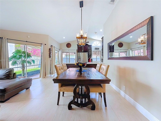1420 Seagrape Cir, Weston, FL 33326 - dining area featuring a chandelier, vaulted ceiling, baseboards, and recessed lighting