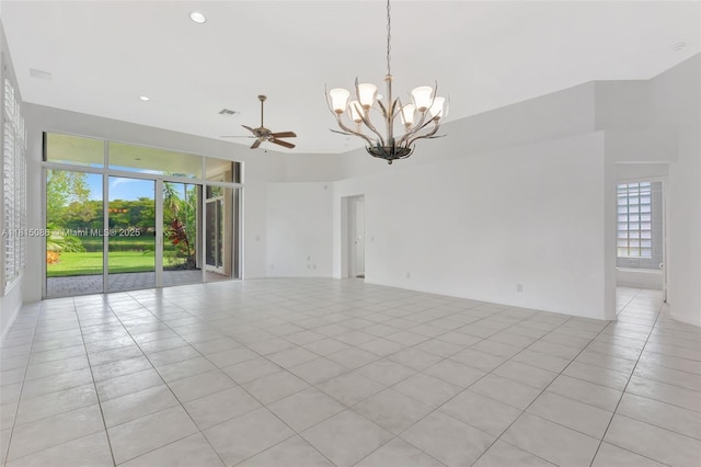 2539 Bay Pointe Dr, Weston, FL 33327 - unfurnished room featuring a chandelier, light tile patterned floors, a ceiling fan, and recessed lighting