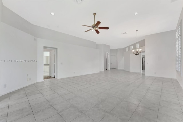 2539 Bay Pointe Dr, Weston, FL 33327 - unfurnished living room with a ceiling fan, a chandelier, recessed lighting, light tile patterned flooring, and lofted ceiling