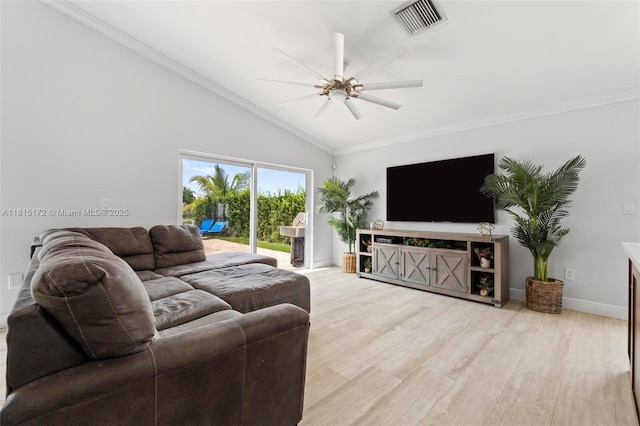 14420 NW 16th St, Pembroke Pines, FL 33028 - living room featuring vaulted ceiling, ceiling fan, light wood finished floors, and crown molding