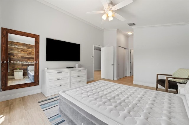 14420 NW 16th St, Pembroke Pines, FL 33028 - bedroom with crown molding, light wood-style floors, and a ceiling fan