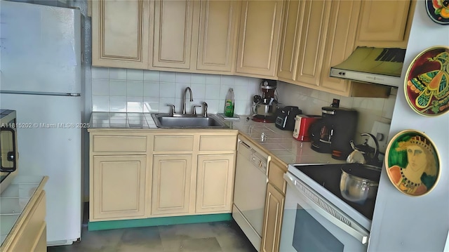 16850 S Glades Dr Unit 8G, North Miami Beach, FL 33162 - kitchen with tile countertops, white appliances, exhaust hood, a sink, and decorative backsplash