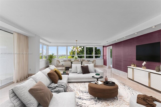 10205 Collins Ave Unit 401, Bal Harbour, FL 33154 - living area with light tile patterned floors, a chandelier, wallpapered walls, and recessed lighting