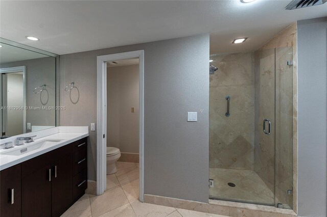 10205 Collins Ave Unit 401, Bal Harbour, FL 33154 - bathroom with vanity, a stall shower, recessed lighting, and tile patterned flooring