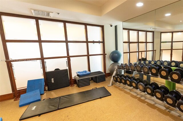 10205 Collins Ave Unit 401, Bal Harbour, FL 33154 - gym with carpet flooring, recessed lighting, and a tray ceiling
