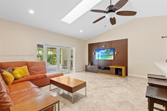 875 NW 108th Ln, Coral Springs, FL 33071 - living room featuring lofted ceiling, a ceiling fan, baseboards, recessed lighting, and a skylight