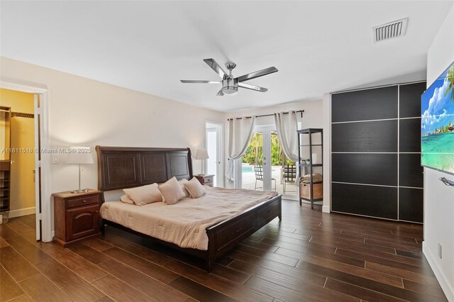 875 NW 108th Ln, Coral Springs, FL 33071 - bedroom with access to exterior, dark wood-type flooring, baseboards, and a ceiling fan