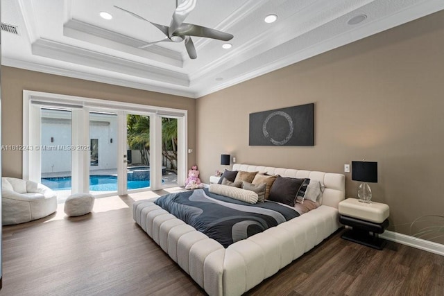 127 Swan Ave, Plantation, FL 33324 - bedroom featuring access to exterior, ornamental molding, wood finished floors, a tray ceiling, and recessed lighting