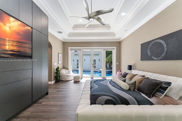 127 Swan Ave, Plantation, FL 33324 - bedroom featuring access to exterior, crown molding, dark wood finished floors, arched walkways, and a ceiling fan