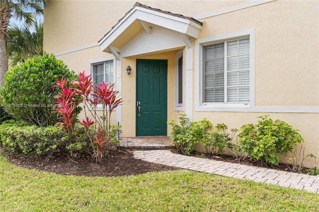 7702 Paddock Pl, Davie, FL 33328 - view of exterior entry featuring stucco siding and a lawn