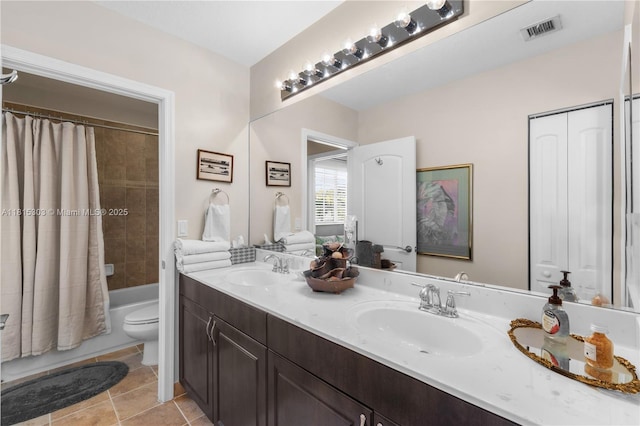 7702 Paddock Pl, Davie, FL 33328 - full bathroom featuring double vanity, shower / bath combo with shower curtain, and tile patterned flooring