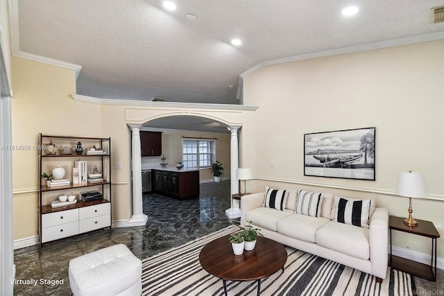 17610 SW 4th Ct, Pembroke Pines, FL 33029 - living room featuring decorative columns, crown molding, arched walkways, baseboards, and a textured ceiling