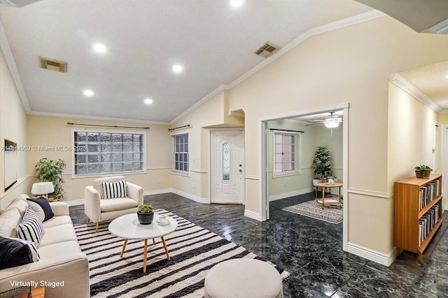 17610 SW 4th Ct, Pembroke Pines, FL 33029 - living room with crown molding, recessed lighting, vaulted ceiling, baseboards, and a ceiling fan