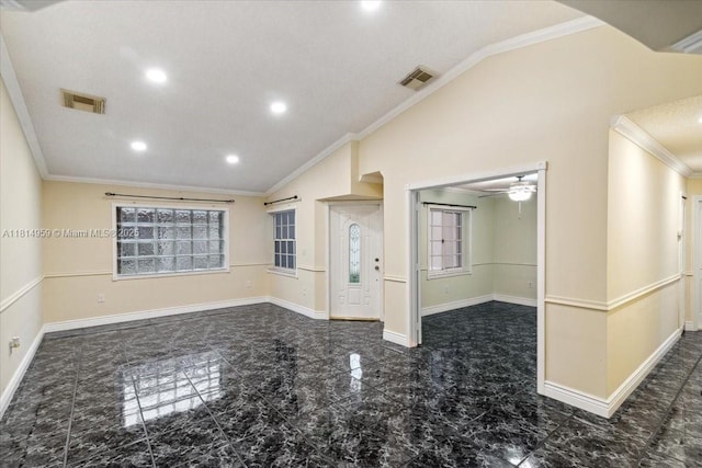 17610 SW 4th Ct, Pembroke Pines, FL 33029 - spare room featuring lofted ceiling, ornamental molding, ceiling fan, baseboards, and recessed lighting