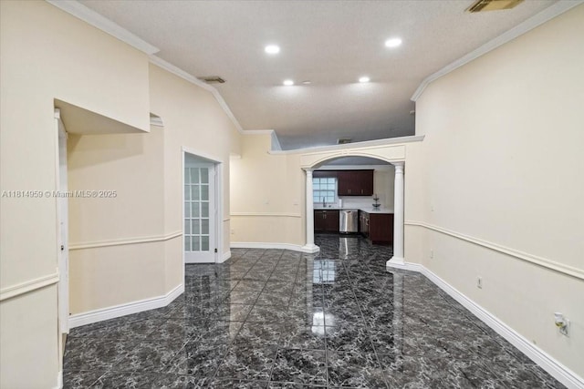 17610 SW 4th Ct, Pembroke Pines, FL 33029 - spare room featuring crown molding, marble look tile flooring, arched walkways, baseboards, and recessed lighting