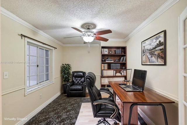 17610 SW 4th Ct, Pembroke Pines, FL 33029 - office space featuring a ceiling fan, a textured ceiling, crown molding, and baseboards