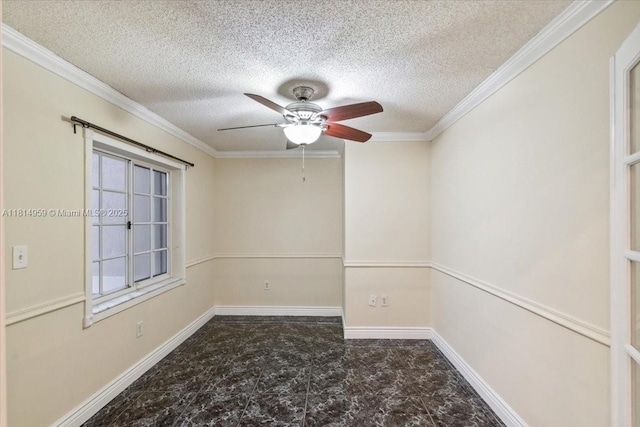 17610 SW 4th Ct, Pembroke Pines, FL 33029 - spare room with ceiling fan, a textured ceiling, ornamental molding, and baseboards