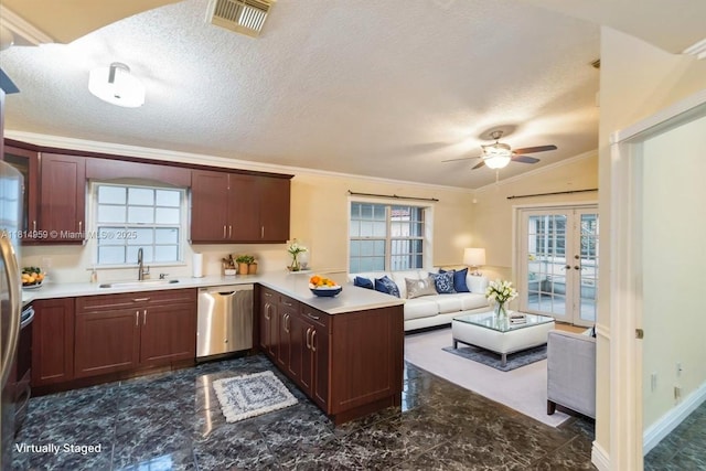 17610 SW 4th Ct, Pembroke Pines, FL 33029 - kitchen featuring stainless steel dishwasher, a sink, crown molding, a ceiling fan, and a peninsula