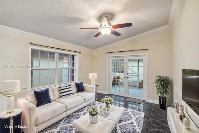 17610 SW 4th Ct, Pembroke Pines, FL 33029 - living room with french doors, ceiling fan, a textured ceiling, healthy amount of natural light, and vaulted ceiling