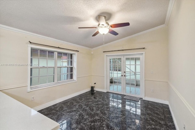 17610 SW 4th Ct, Pembroke Pines, FL 33029 - unfurnished room featuring french doors, a textured ceiling, a ceiling fan, vaulted ceiling, and ornamental molding