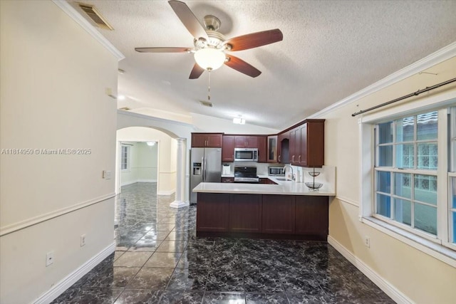 17610 SW 4th Ct, Pembroke Pines, FL 33029 - kitchen with stainless steel appliances, arched walkways, ceiling fan, lofted ceiling, and a sink