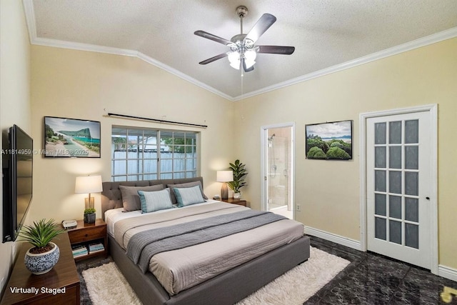 17610 SW 4th Ct, Pembroke Pines, FL 33029 - bedroom with crown molding, vaulted ceiling, a textured ceiling, baseboards, and ensuite bathroom