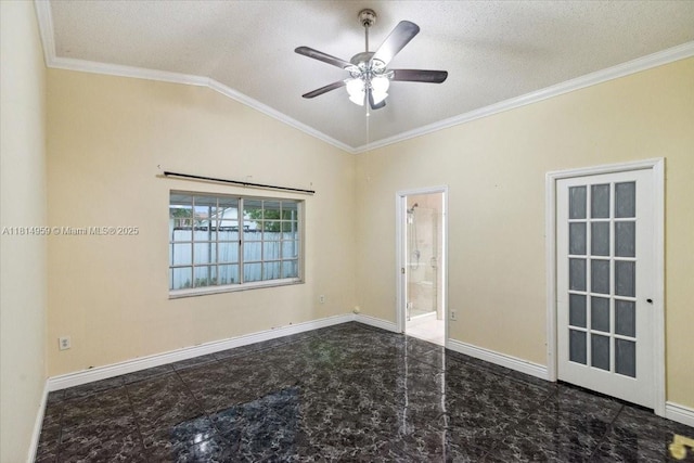 17610 SW 4th Ct, Pembroke Pines, FL 33029 - empty room featuring crown molding, lofted ceiling, a ceiling fan, a textured ceiling, and baseboards