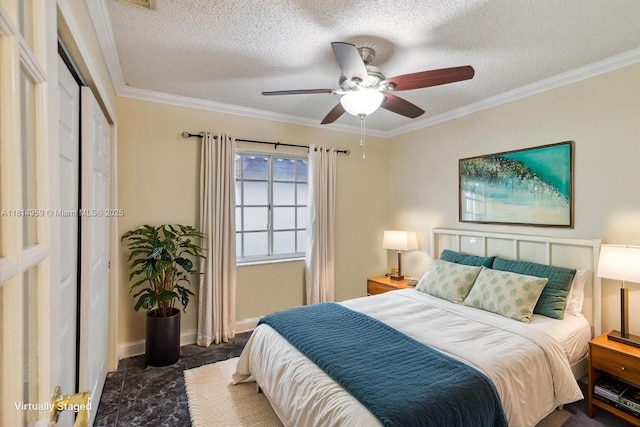 17610 SW 4th Ct, Pembroke Pines, FL 33029 - bedroom featuring crown molding, a textured ceiling, baseboards, and ceiling fan