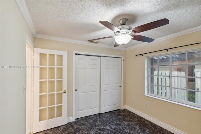 17610 SW 4th Ct, Pembroke Pines, FL 33029 - unfurnished bedroom with a textured ceiling, a closet, baseboards, crown molding, and a ceiling fan