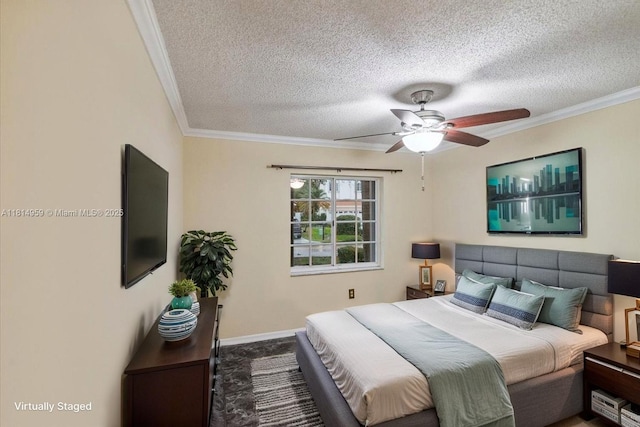 17610 SW 4th Ct, Pembroke Pines, FL 33029 - bedroom with a textured ceiling, ornamental molding, baseboards, and ceiling fan