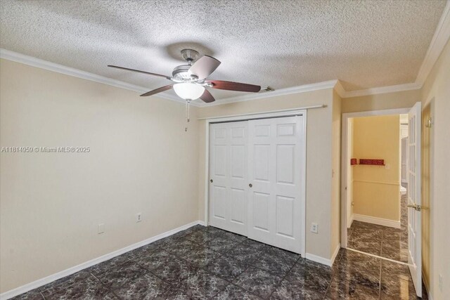 17610 SW 4th Ct, Pembroke Pines, FL 33029 - unfurnished bedroom featuring ornamental molding, a closet, a textured ceiling, a ceiling fan, and baseboards