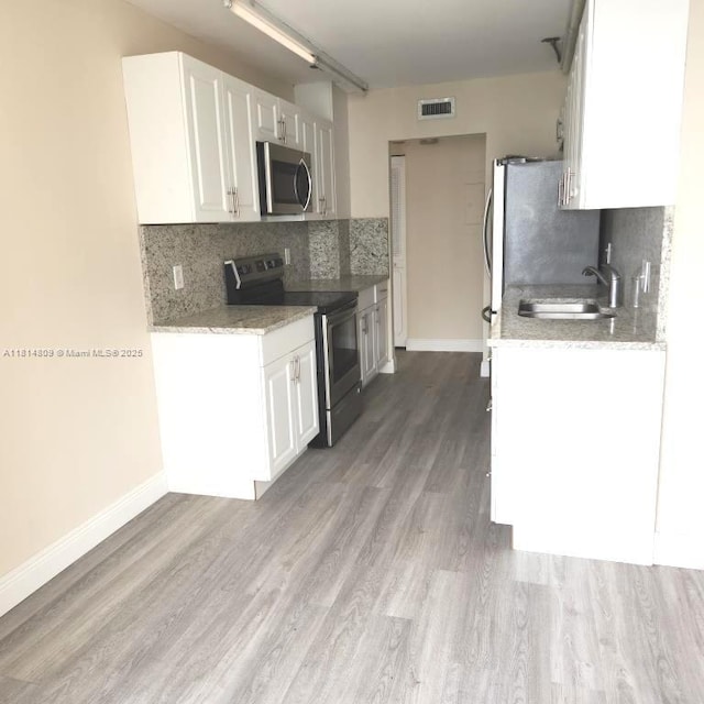 1801 S Flagler Dr Unit 1505, West Palm Beach, FL 33401 - kitchen featuring stainless steel appliances, a sink, decorative backsplash, light wood-style flooring, and white cabinets