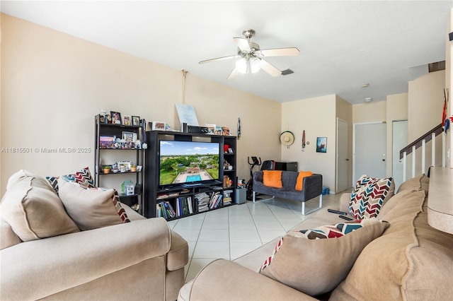 15683 NW 12th Rd, Pembroke Pines, FL 33028 - tiled living room with ceiling fan and stairs