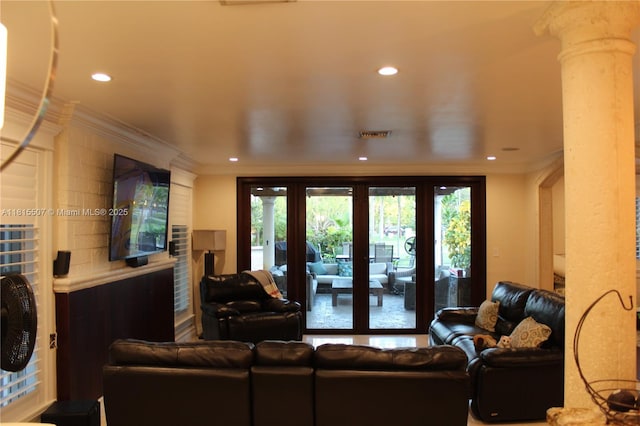 9941 SW 97th Ct, Miami, FL 33176 - living area with decorative columns, recessed lighting, and crown molding