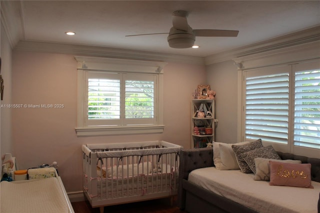9941 SW 97th Ct, Miami, FL 33176 - bedroom with ornamental molding, ceiling fan, recessed lighting, and wood finished floors