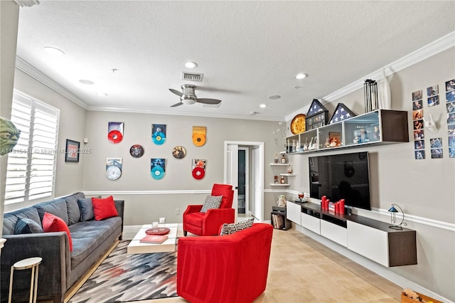 3063 NW 126th Ave, Sunrise, FL 33323 - living room featuring crown molding, a textured ceiling, a ceiling fan, and recessed lighting