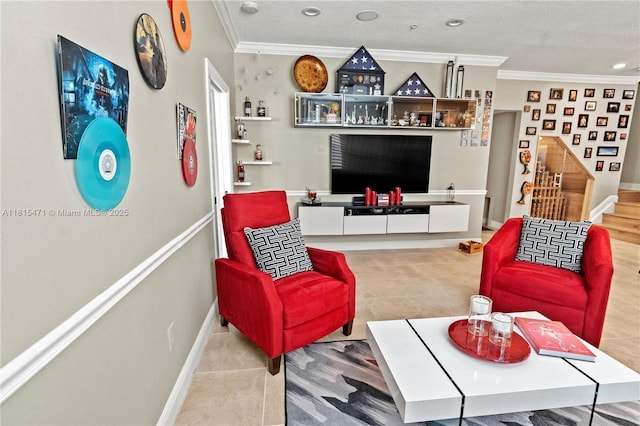 3063 NW 126th Ave, Sunrise, FL 33323 - living room with crown molding, tile patterned floors, recessed lighting, and stairs