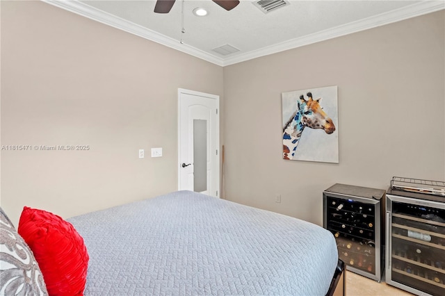 3063 NW 126th Ave, Sunrise, FL 33323 - bedroom featuring beverage cooler, crown molding, a ceiling fan, and recessed lighting