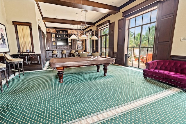 3063 NW 126th Ave, Sunrise, FL 33323 - playroom with carpet floors, beamed ceiling, a decorative wall, billiards, and a wainscoted wall