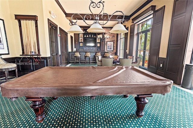 3063 NW 126th Ave, Sunrise, FL 33323 - recreation room with pool table, carpet, a wainscoted wall, a decorative wall, and ornamental molding