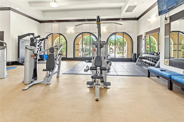 3063 NW 126th Ave, Sunrise, FL 33323 - gym with beam ceiling, crown molding, a high ceiling, and recessed lighting