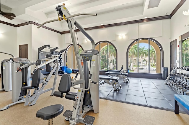 3063 NW 126th Ave, Sunrise, FL 33323 - exercise room featuring crown molding, a ceiling fan, a high ceiling, electric panel, and recessed lighting